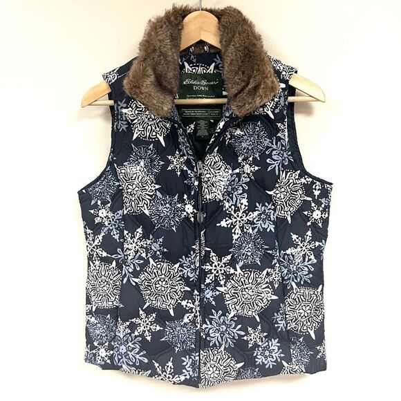 Eddie Bauer snowflake down vest with fur collar S - Picture 1 of 6